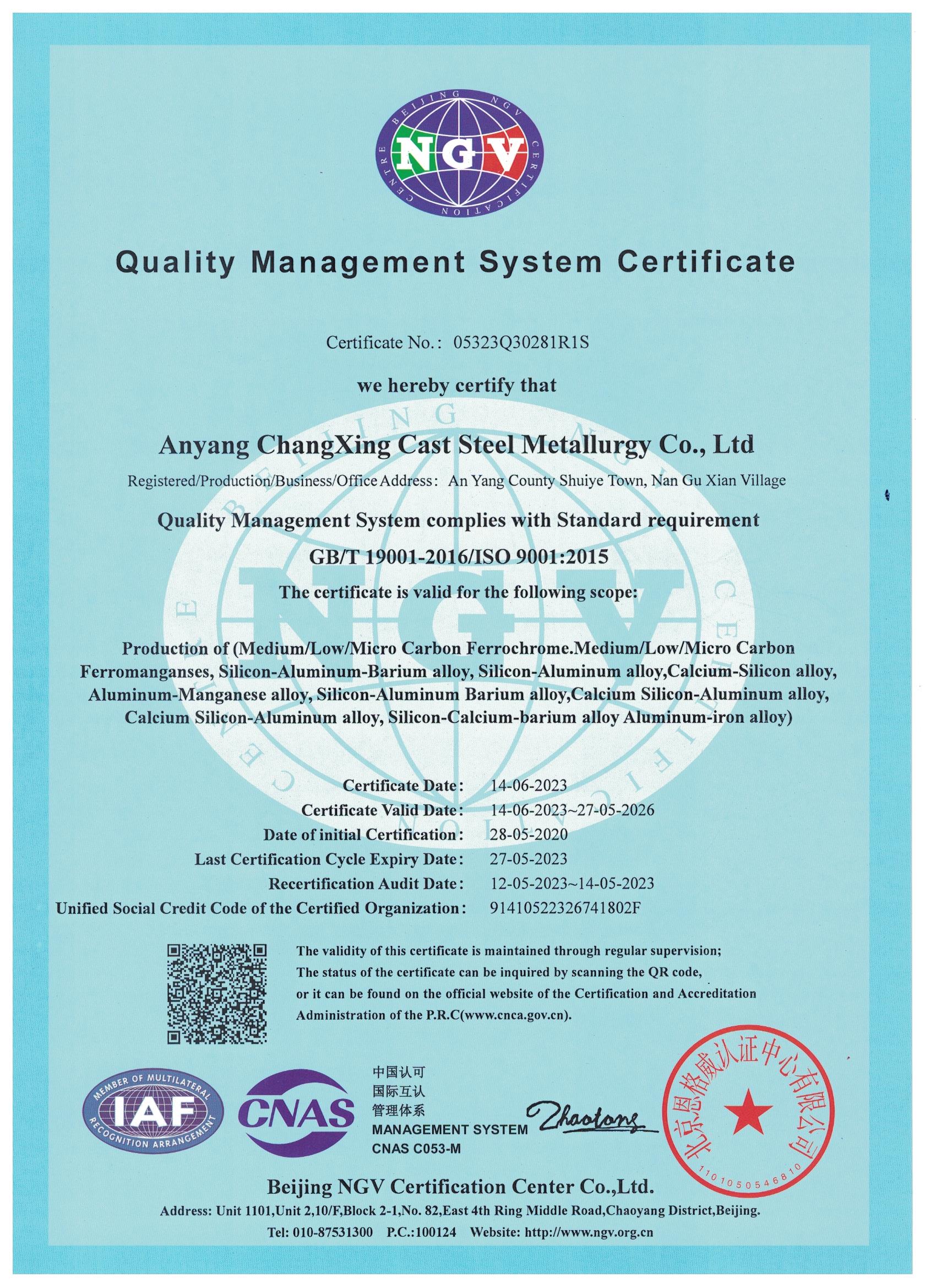 ISO 9001:2015 Quality Management System Certificate